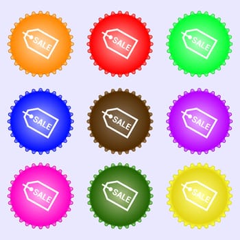 Sale icon sign. A set of nine different colored labels. illustration