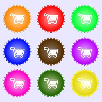 shopping cart icon sign. A set of nine different colored labels. illustration