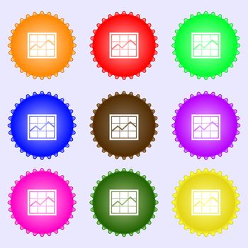 Chart icon sign. A set of nine different colored labels. illustration