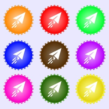 Paper airplane icon sign. A set of nine different colored labels. illustration
