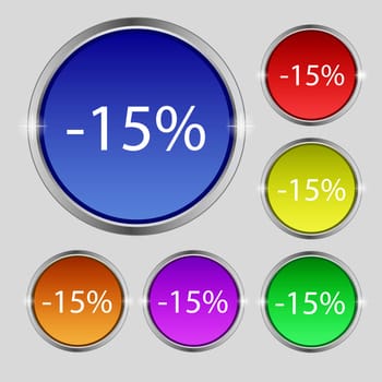 15 percent discount sign icon. Sale symbol. Special offer label. Set of colored buttons illustration