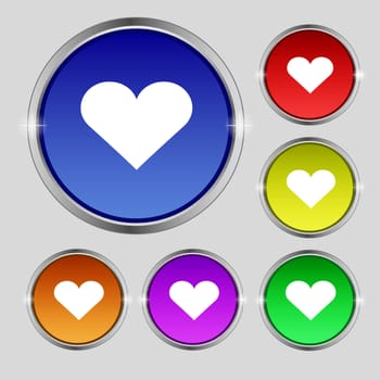 Heart, Love icon sign. Round symbol on bright colourful buttons. illustration