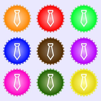 Tie icon sign. A set of nine different colored labels. illustration