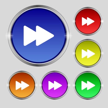rewind icon sign. Round symbol on bright colourful buttons. illustration