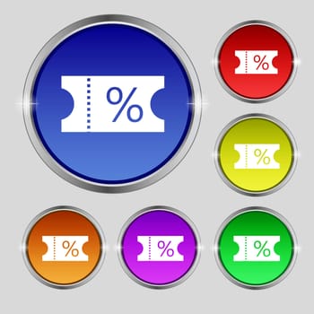 ticket discount icon sign. Round symbol on bright colourful buttons. illustration