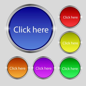 Click here sign icon. Press button. Set of colored buttons. illustration