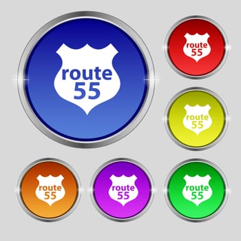 Route 55 highway icon sign. Round symbol on bright colourful buttons. illustration