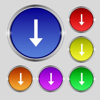 Arrow down, Download, Load, Backup icon sign. Round symbol on bright colourful buttons. illustration