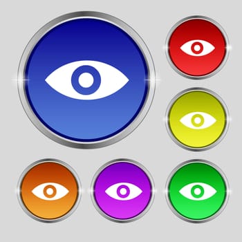 Eye, Publish content, sixth sense, intuition icon sign. Round symbol on bright colourful buttons. illustration