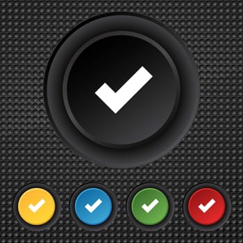 Check mark sign icon . Confirm approved symbol. Set colourful buttons. illustration