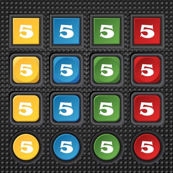 number five icon sign. Set of coloured buttons. illustration