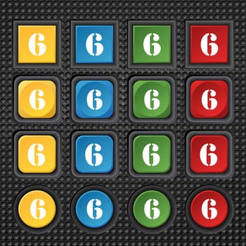 number six icon sign. Set of coloured buttons. illustration