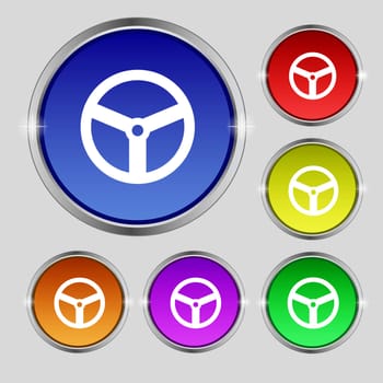 Steering wheel icon sign. Round symbol on bright colourful buttons. illustration