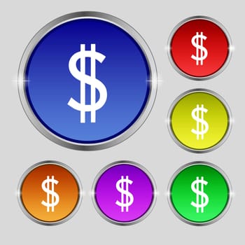 Dollars sign icon. USD currency symbol. Money label. Set of colored buttons. illustration