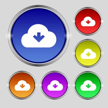 Download from cloud icon sign. Round symbol on bright colourful buttons. illustration