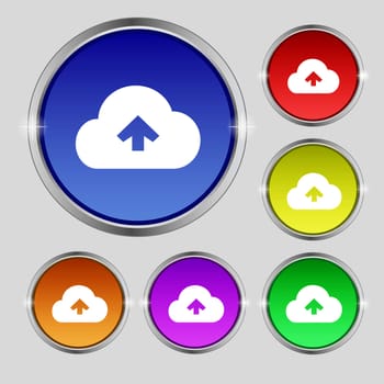 Upload from cloud icon sign. Round symbol on bright colourful buttons. illustration