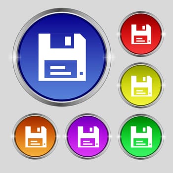 floppy icon sign. Round symbol on bright colourful buttons. illustration