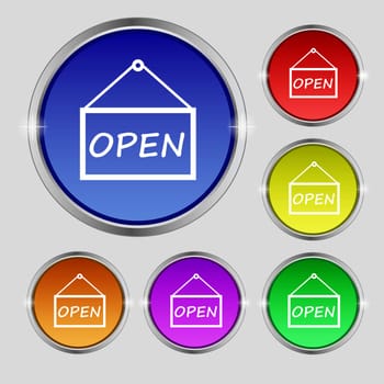 open icon sign. Round symbol on bright colourful buttons. illustration