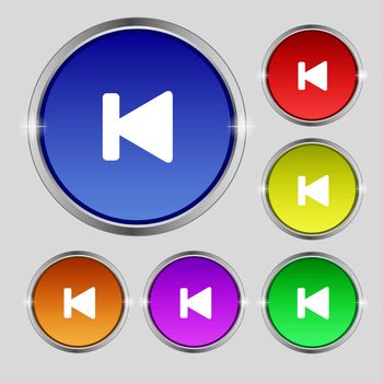 fast backward icon sign. Round symbol on bright colourful buttons. illustration