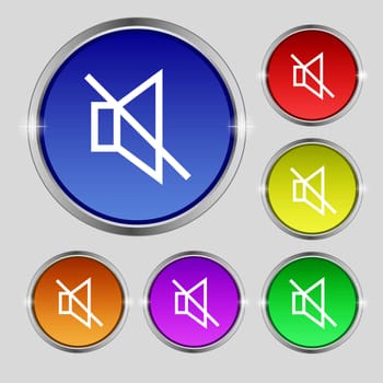 without sound, mute icon sign. Round symbol on bright colourful buttons. illustration