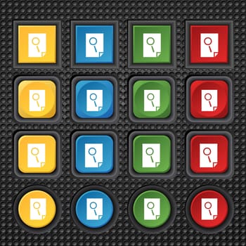 Search in file sign icon. Find in document symbol. Set of colored buttons. illustration