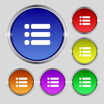 List menu, Content view options icon sign. Round symbol on bright colourful buttons. illustration