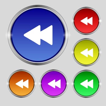 rewind icon sign. Round symbol on bright colourful buttons. illustration