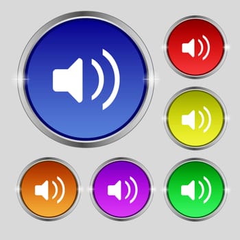 Speaker volume, Sound icon sign. Round symbol on bright colourful buttons. illustration