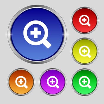 Magnifier glass, Zoom tool icon sign. Round symbol on bright colourful buttons. illustration