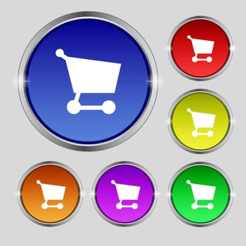 Shopping basket icon sign. Round symbol on bright colourful buttons. illustration