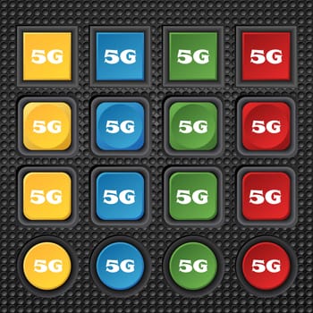 5G sign icon. Mobile telecommunications technology symbol. Set of colour buttons. illustration