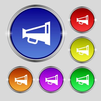 Megaphone soon, Loudspeaker icon sign. Round symbol on bright colourful buttons. illustration