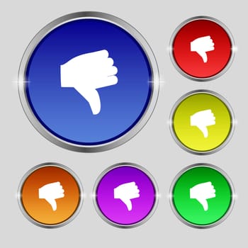 Dislike, Thumb down icon sign. Round symbol on bright colourful buttons. illustration