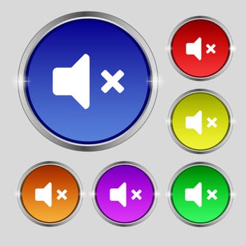 Mute speaker , Sound icon sign. Round symbol on bright colourful buttons. illustration