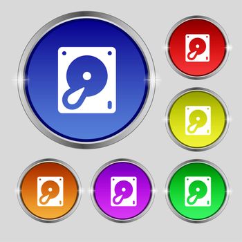 Hard disk and database icon sign. Round symbol on bright colourful buttons. illustration