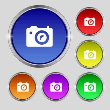 Digital photo camera icon sign. Round symbol on bright colourful buttons. illustration