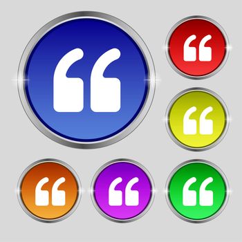 Double quotes at the beginning of words icon sign. Round symbol on bright colourful buttons. illustration