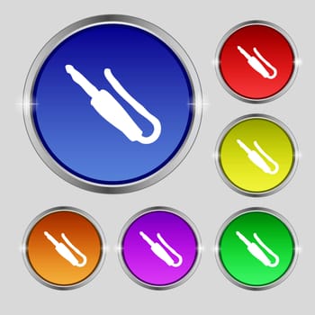 plug, mini jack icon sign. Round symbol on bright colourful buttons. illustration