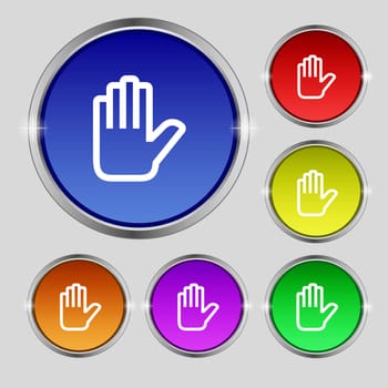 Hand print, Stop icon sign. Round symbol on bright colourful buttons. illustration