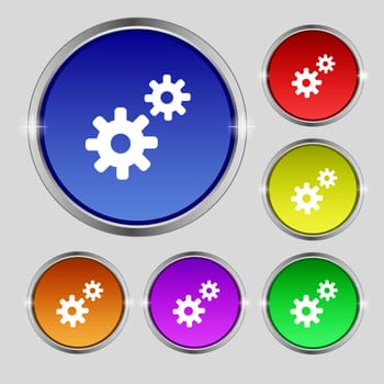 Cog settings, Cogwheel gear mechanism icon sign. Round symbol on bright colourful buttons. illustration