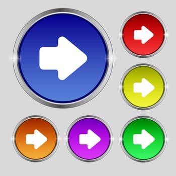 Arrow right, Next icon sign. Round symbol on bright colourful buttons. illustration