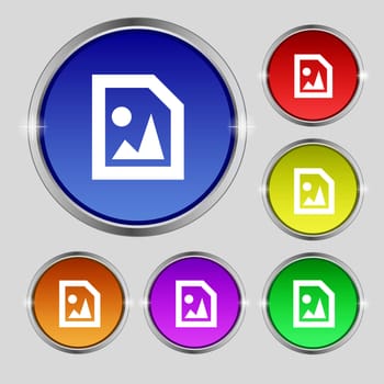 File JPG icon sign. Round symbol on bright colourful buttons. illustration
