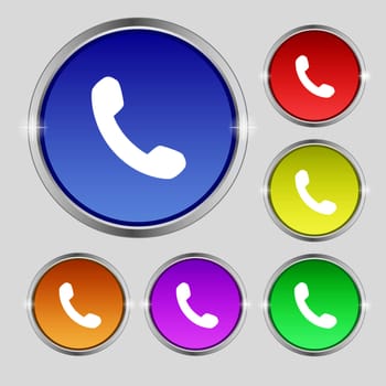 Phone, Support, Call center icon sign. Round symbol on bright colourful buttons. illustration