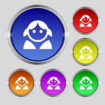 Female, Woman human, Women toilet, User, Login icon sign. Round symbol on bright colourful buttons. illustration