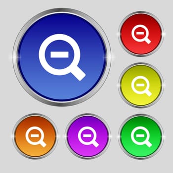 Magnifier glass, Zoom tool icon sign. Round symbol on bright colourful buttons. illustration