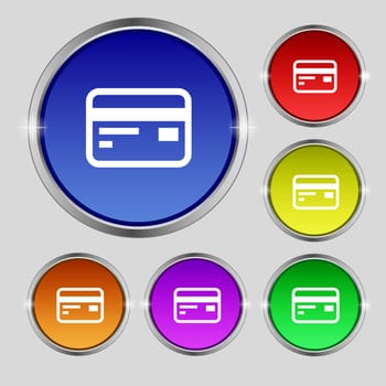 Credit, debit card icon sign. Round symbol on bright colourful buttons. illustration
