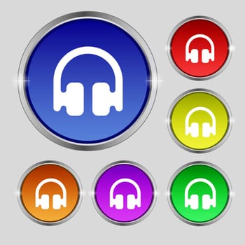 Headphones, Earphones icon sign. Round symbol on bright colourful buttons. illustration