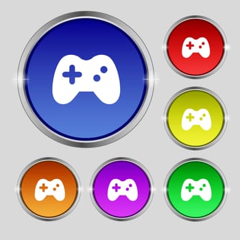 Joystick icon sign. Round symbol on bright colourful buttons. illustration