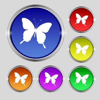 butterfly icon sign. Round symbol on bright colourful buttons. illustration