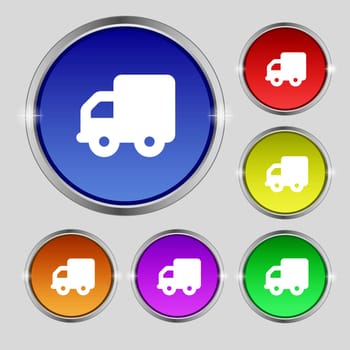 Delivery truck icon sign. Round symbol on bright colourful buttons. illustration